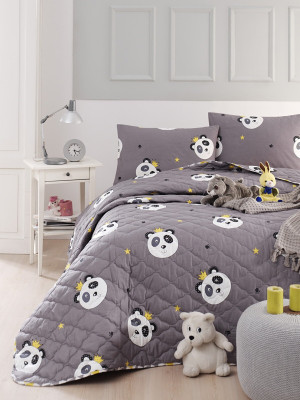 Покривало стьобане з наволочками Enlora Home - Kral Panda Gri сірий 240*225