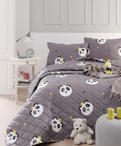 Покривало стьобане з наволочками Enlora Home - Kral Panda Gri сірий 240*225