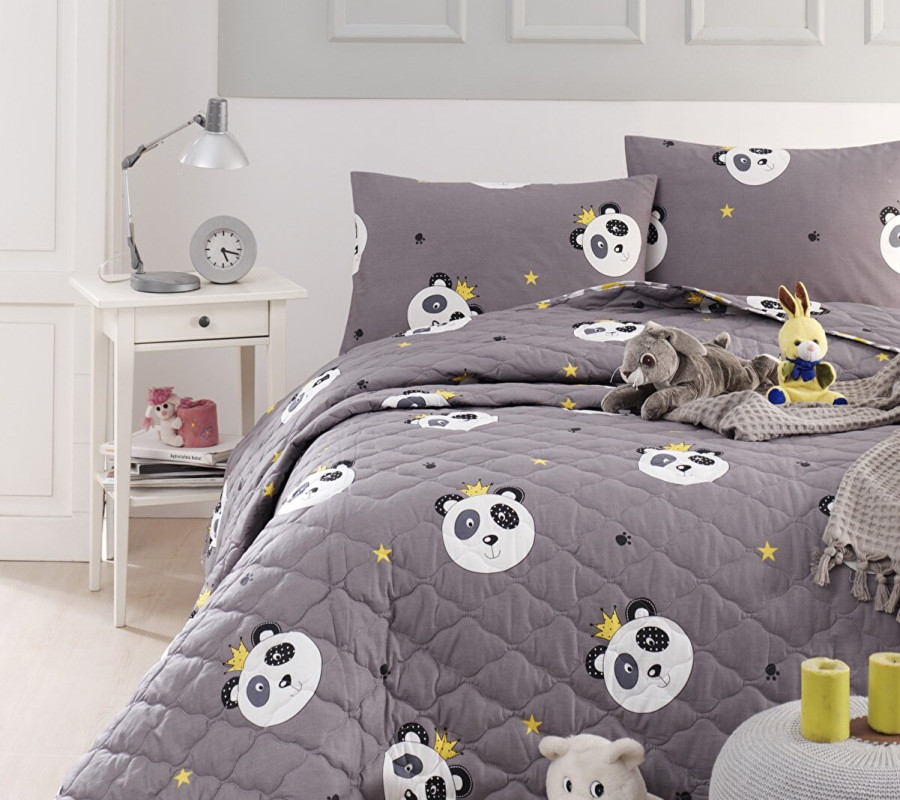 Покривало стьобане з наволочками Enlora Home - Kral Panda Gri сірий 240*225