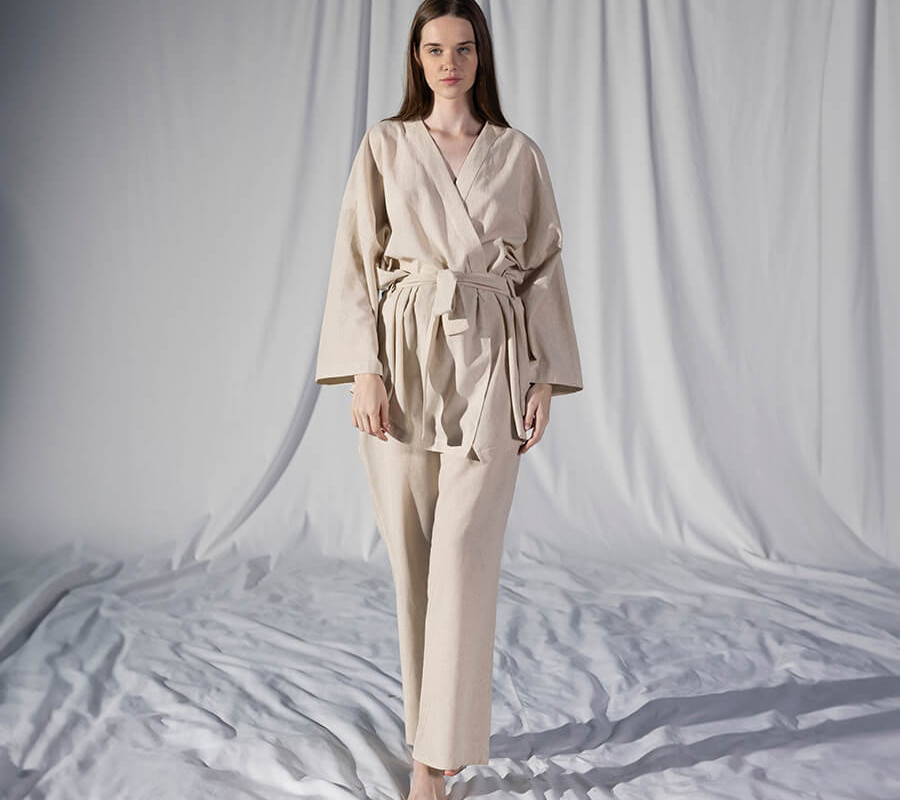 Домашній одяг Penelope - Serli uzun kollu kimono ekru молочний S-M